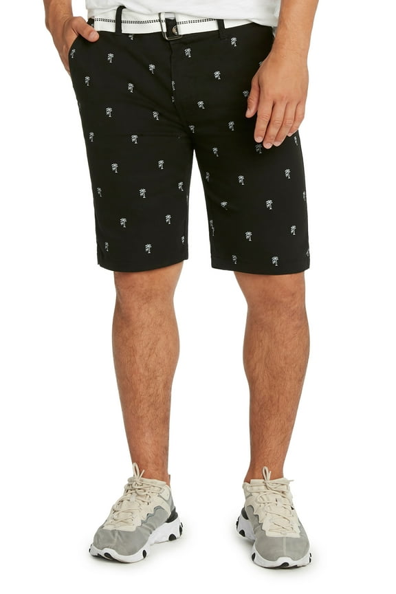 Men's Flat Front Flamingo Palm Stretch Belted Casual Shorts (36, Black/White)