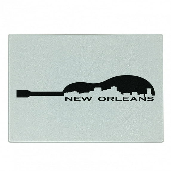 New Orleans Cutting Board, Modern Composition of a Guitar Shape with the City Skyline Silhouette, Decorative Tempered Glass Cutting and Serving Board, in 3 Sizes, by Ambesonne