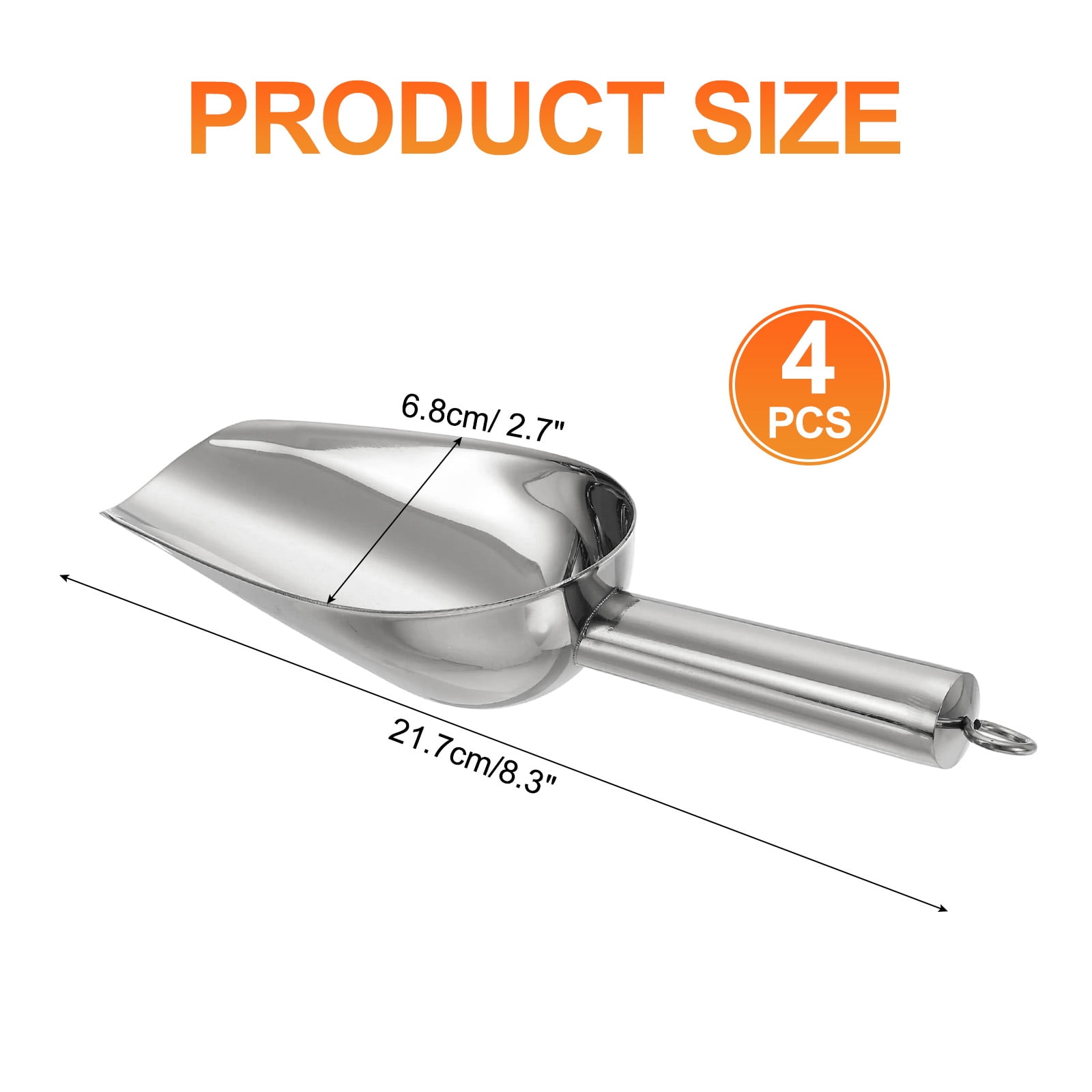 4pcs Metal Ice Scoop, 8.2" x 2.7"Stainless Steel Ice Scooper for Home Bar Use, Silver