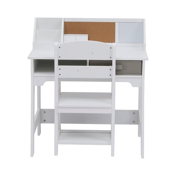 Adjustable Kids Desk and Chair Set with Hutch, Bulletin Board, Storage Drawers, Pen Holders – Perfect for Boys and Girls’ Study and Art – White