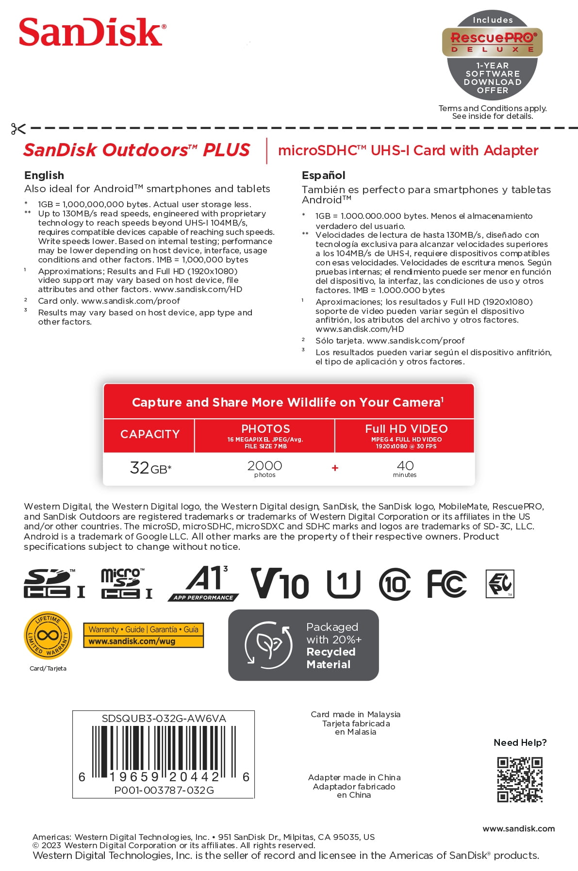SanDisk 32GB Outdoor Plus MicroSDHC UHS-I Memory Card with Adapter - SDSQUB3-032G-AW6VA