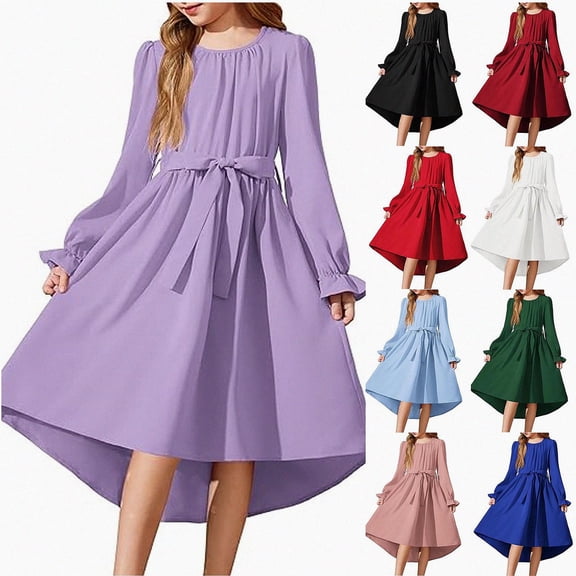 Teylalorva Dresses of Girls (4-13), Sweet Flowy Belted Party Dresses Crew Neck Long Sleeve Fashion Outfit Summer Occasions Purple Size 6
