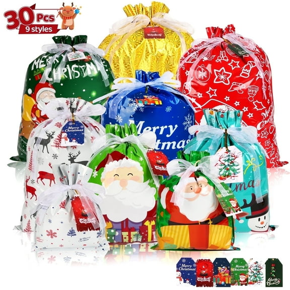 Tuonito 30PCS Christmas Drawstring Gift Bags of Assorted Sizes , Holiday Gift Bags with  Drawstrings for Xmas Party Favors