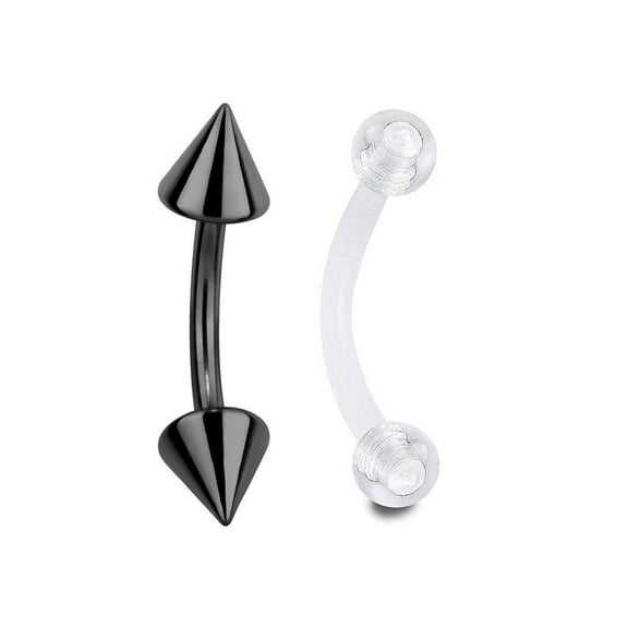 Eyebrow Ring 2pc Black IP 16G Curved Barbell Spike Ball & 18G Clear Retainer 8mm