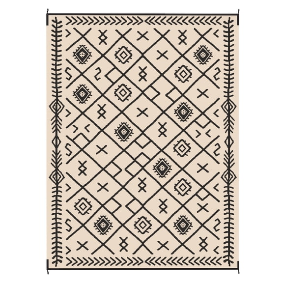 Outdoor Rug 9x12 Reversible Waterproof Plastic Straw Rug with Carry Bag, Black & Beige Rhombus, Camping Picnic RV Patio Rug