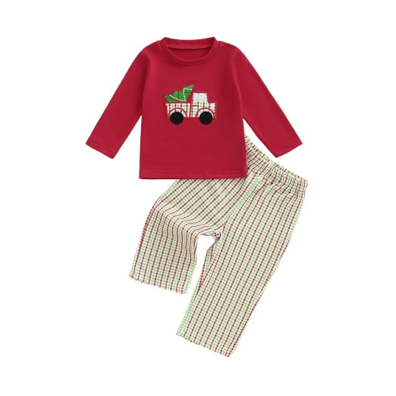 Miaouyo 0-3T Toddler Baby Boys Christmas Fall Clothing Set Long Sleeve Christmas Tree Embroidery Pullover with Plaid Pants 2Pcs Outfit