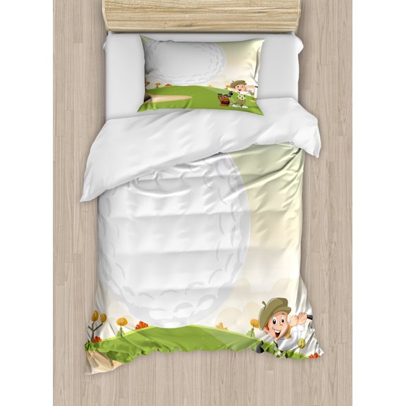 Golf Duvet Cover Set Twin Size, Little Boy Hitting a Ball on Green Course Kids Sport Childhood Joyful Cartoon, Decorative 2 Piece Bedding Set with 1 Pillow Sham, Multicolor, by Ambesonne