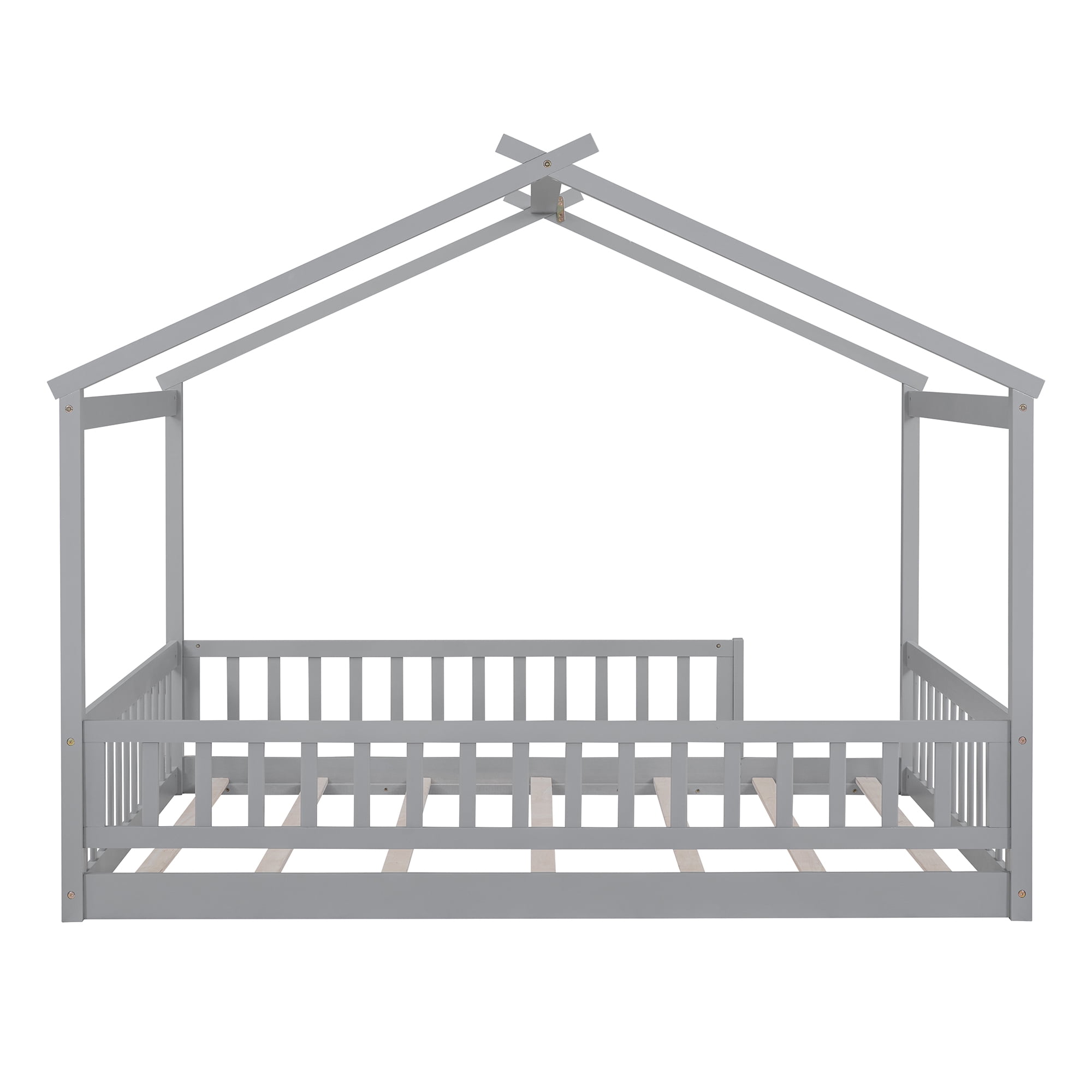 Wooden Full Size House Bed Frame for Kids, Toddler Floor Bed with Roof and Fence, Classic Design Montessori Bed for Toddlers, Teens, Boys or Girls, Box Spring Not Required, Gray