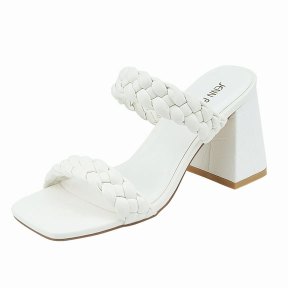JENN ARDOR Womens Chunky Heeled Mule Sandals Square Toe Block Heels Two Braid Strap Backless Pumps Dressy Sandals
