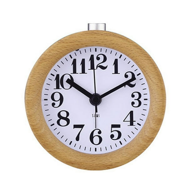Home Round Small Silent Alarm Clock Solid Wood With Night Light No