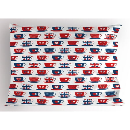 Union Jack Themed Party Supplies Tea Party Pillow Sham Great Britain Themed Teacup Forms Patterned Union Jack Hearts Flags, Decorative Standard Size Printed Pillowcase, 26 X 20 Inches, Vermilion Night Blue, by Ambesonne ()