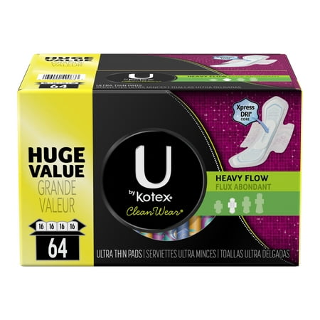 U by Kotex CleanWear Ultra Thin Pads with Wings, Heavy Flow, Unscented, 64
