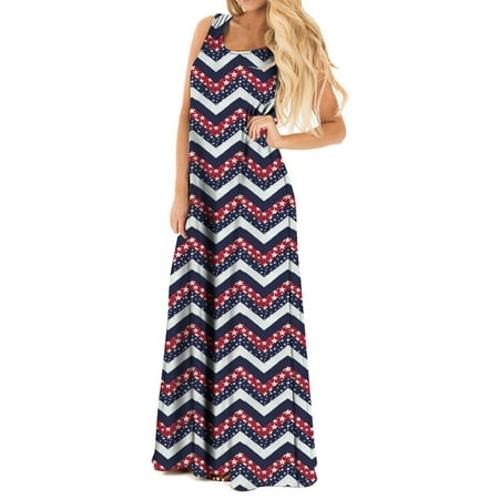 

Hvyesh Womens Summer Dresses 2023 Casual Elegant Long Dress 4th of July Pattern Round Neck Sundresses Sleeveless Tunic Dresses Navy