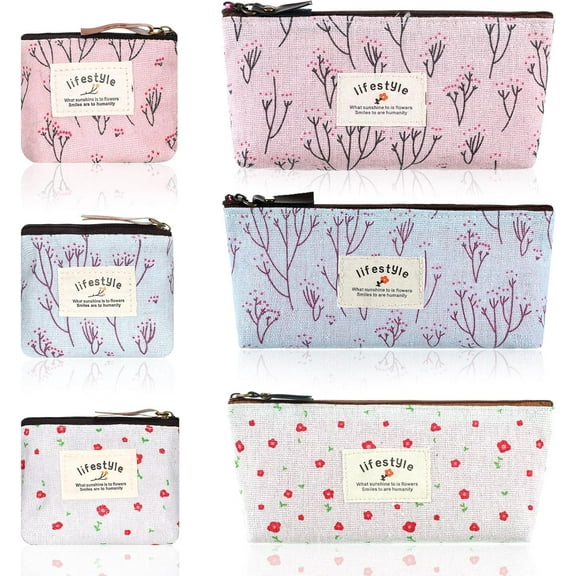 Makeup Bag for Purse, 6 Pack 2 Sizes Canvas Floral Small Zipper Pouch Portable Cute Linen Fabric Mini Cosmetic Bag for Home Travel Lipstick Coin Cards Storage
