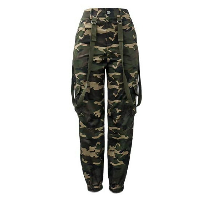 Camo Pants Women Baggy Camo Cargo High Waisted Pants Stretch Belt