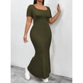 thumbnail image 3 of AURA Plus Size U Neck Backless Bodycon Maxi Dress Short Sleeve High Waist Solid Army Green 1XL 3XL, 3 of 7