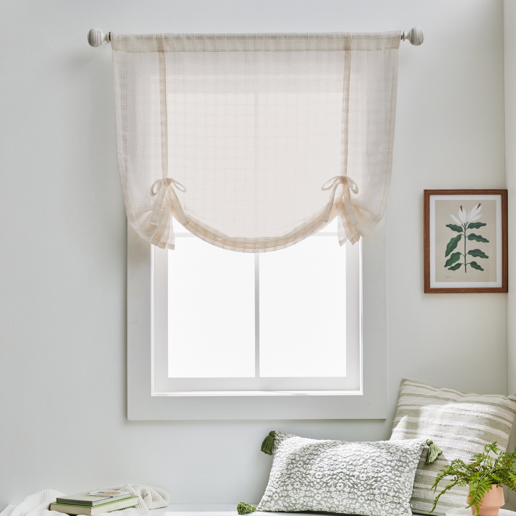 Better Homes & Gardens Tonal Windowpane Balloon Shade, Vanilla Dream, Polyester, Recycled Poly, 42"W x 63"L, 1 Piece, Indoor Curtain, Adult