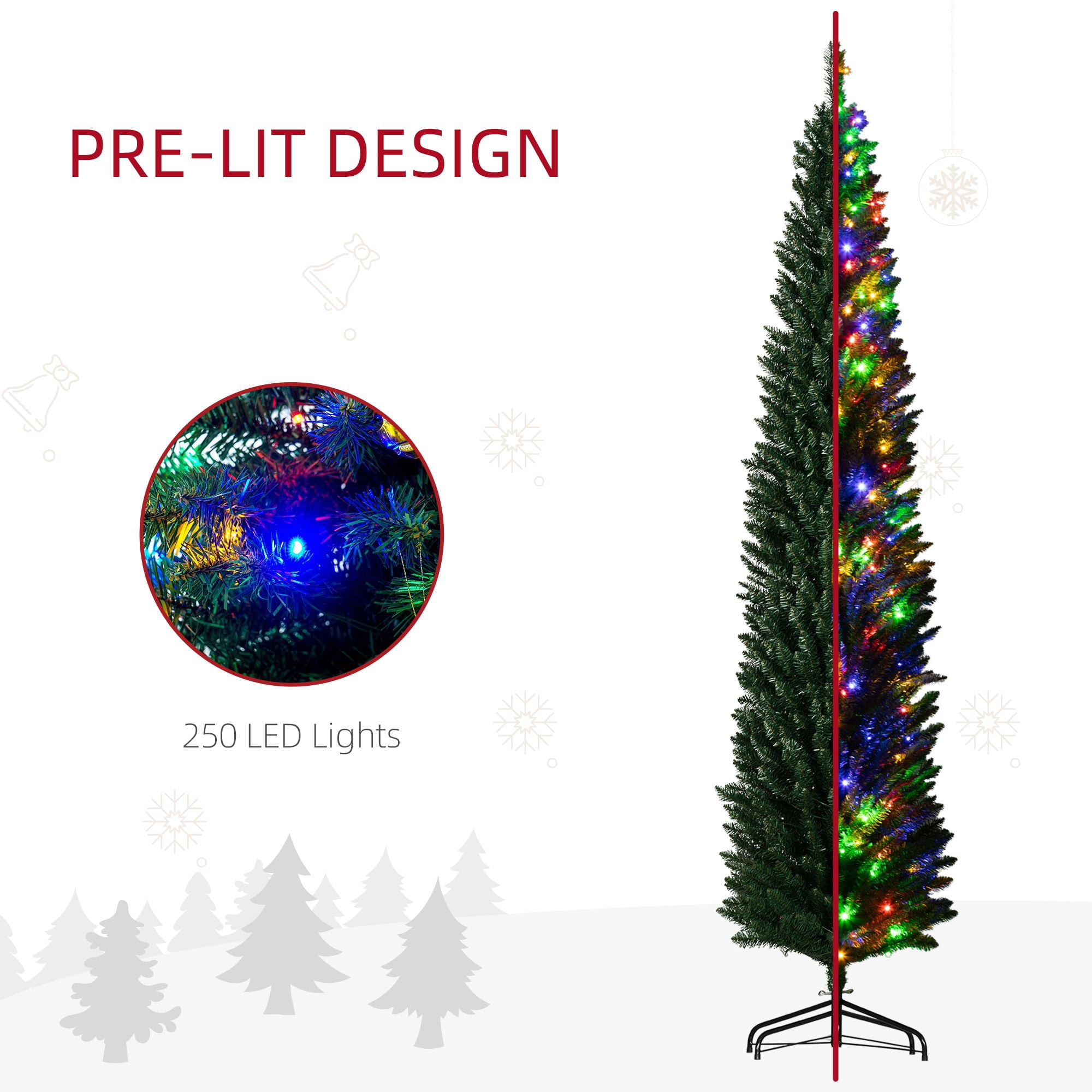 8 ft Artificial Pencil Christmas Tree with 250 Colorful LED Lights, 668 Tips, Steel Base, Skinny Slim Shape for Small Rooms and Entryways