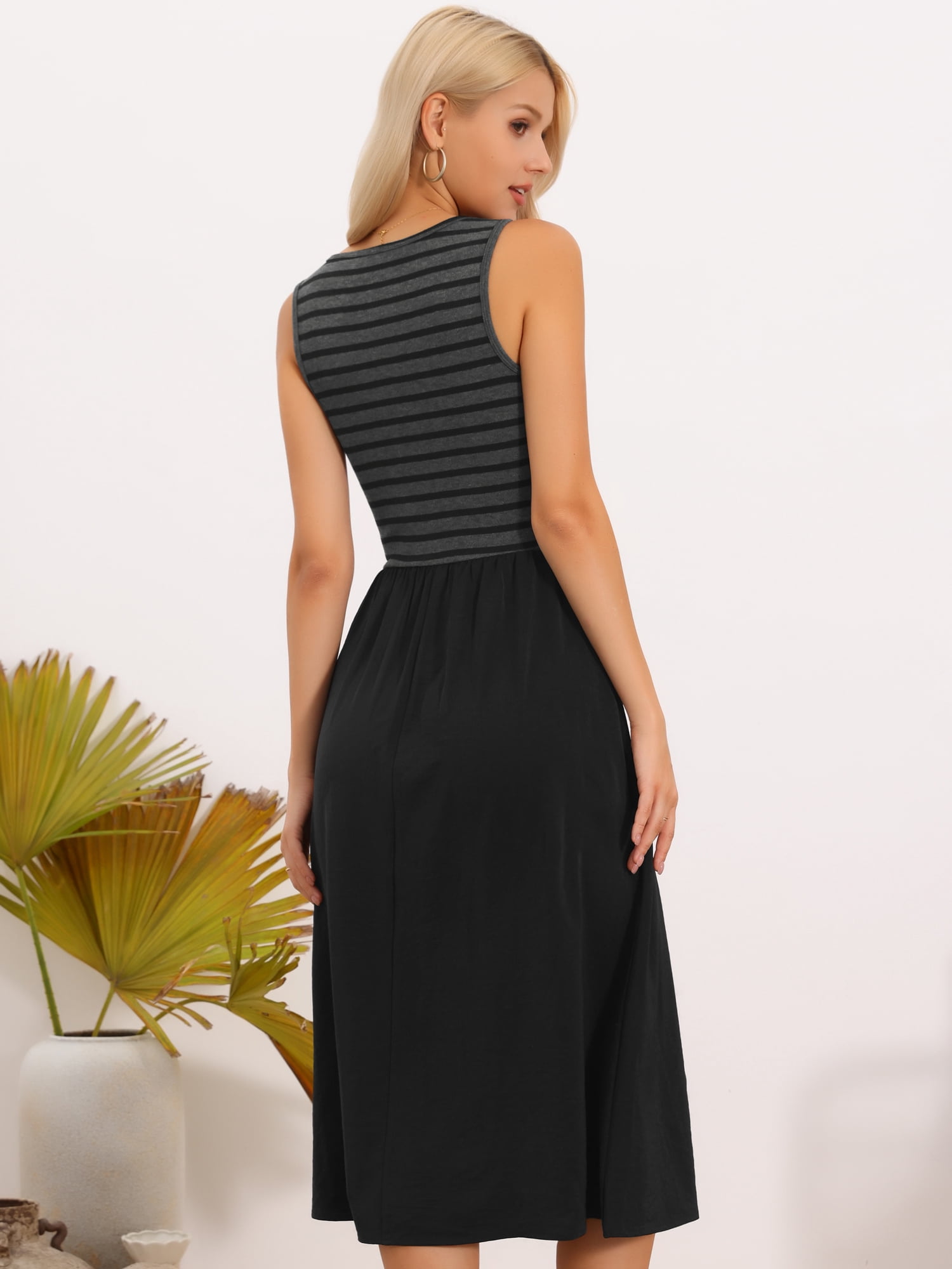 DARING DIVA Women's Summer Striped Patchwork Sleeveless A-Line Dress XS Black