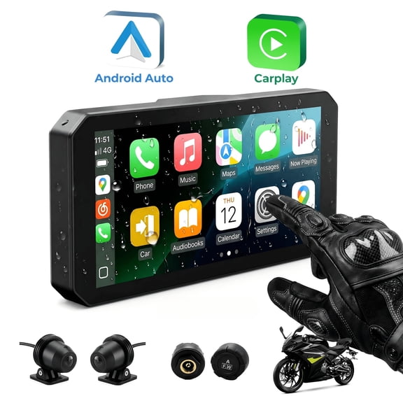 6 Inch Touchscreen Motorcycle Dash Cam Dual 1080P Front Rear Cameras Wireless CarPlay Android Auto TPMS IP67 Waterproof for Motorbike Scooter