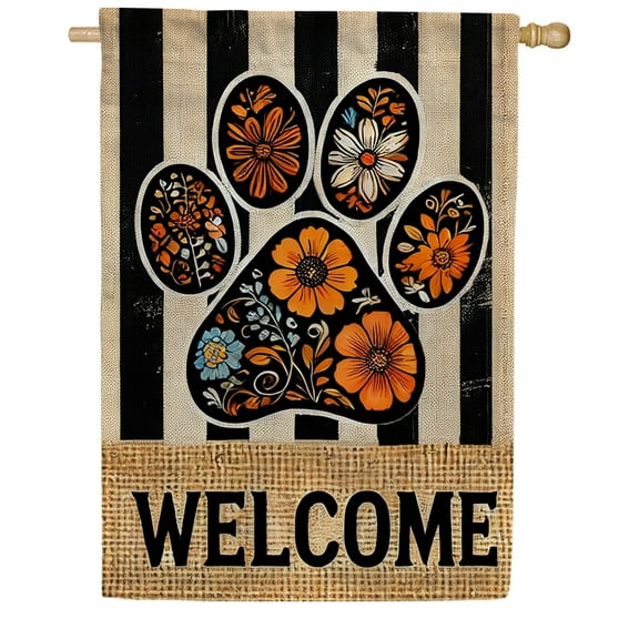 America Forever Floral Paw Print Welcome House Flag, 28 x 40 inch Double Sided, Paws Yard Decor, Animal Lovers Gift Ideas, Purr Pets Outdoor Decorative for Lawn and House DÃ©cor