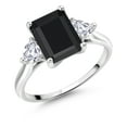 thumbnail image 3 of Gem Stone King 10K White Gold Black Onyx and White Created Sapphire 3-Stone Engagement Ring | 2.74 Cttw | Emerald Cut 9X7MM | Three Stone Wedding Anniversary Promise Ring for Women, 3 of 5