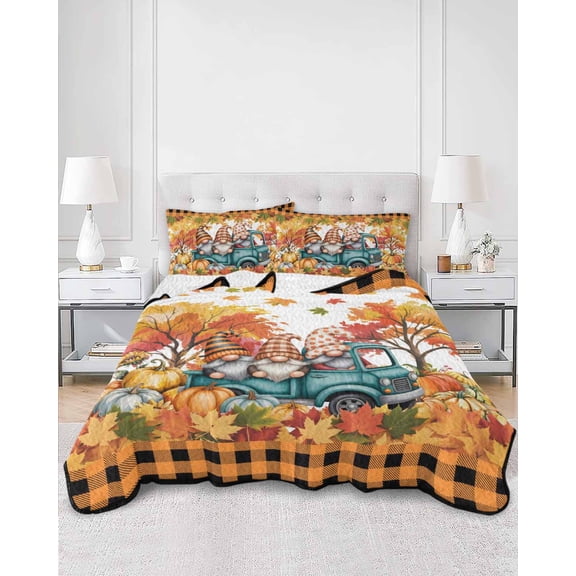 Twin Quilt Bedding Set Rustic Gnome Truck Plant Summer Quilt Lightweight Quilted Coverlet with 2 Pillow Shams, Fall Maple Leaf Black Orange Checkered 3-Piece Bedspread Quilt Set for All Season