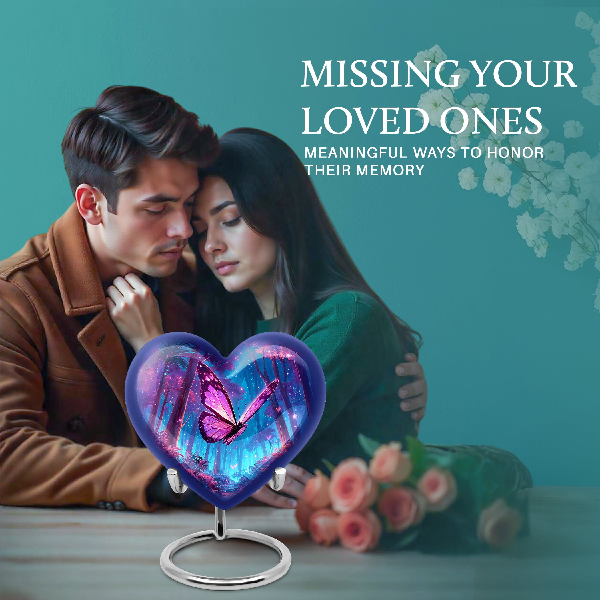 SABURIAL Butterfly Urns - Beautiful Handcrafted Heart Shape Burial Urn for Human Ash - Memorial Cremation Urns for Men & Women - Tribute Keepsake Urn - 8 Inch - Large with Velvet Bag