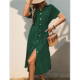 thumbnail image 4 of Women'S Solid Color Dress Summer Casual Short Sleeve Button V Neck Dresses Long Beach Shirt Dress with Pockets Ink Green L, 4 of 7