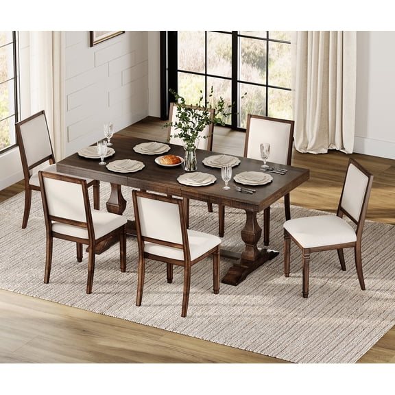 WAMPAT 7-pieces Farmhouse Dining Table Set,74.8" Kitchen Table with Chairs for 6-8,Solid Wood Legs and Upholstered Back for Dining Room & Living Room,Espresso Brown