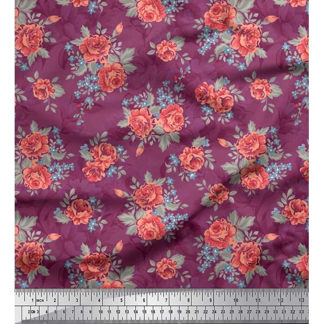 Soimoi Tissu en Velours Feuilles & Roses Imprimés Floraux au Mètre 58 Pouces de Large