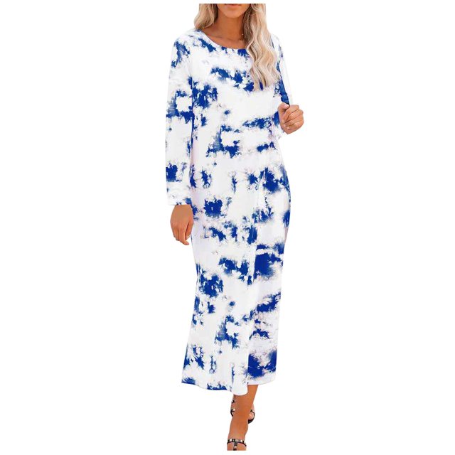 Pompotops Robe Décontractée Mode Femme Teinture sur Nœuds Manches Longues Fendue sur le Côté Confortable en Solde