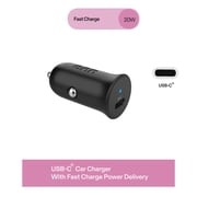 onn 20W USB-C Car Charger, Fast Charging, USB-IF Certified, Foldable Plug, White, Compatible with iPhone & Android