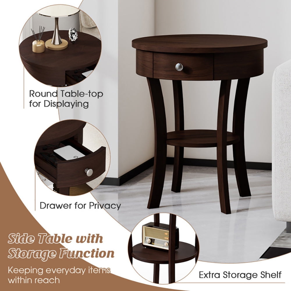 Finihen 2-Tier Wood Round End Table with Open Drawer, Sofa Side Table, Bed Side Table, for Living Room, Bedroom, Brown Finihen 2-Tier Wood Round End Table with Open Drawer, Sofa Side Table, Bed Side Table, for Living Room, Bedroom, Brown