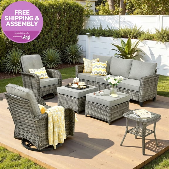 Ovios 6 Pieces Outdoor Patio Furniture Set All-Weather Wicker Rattan Sectional Sofa with Swivel Chairs Ottomans Side Table