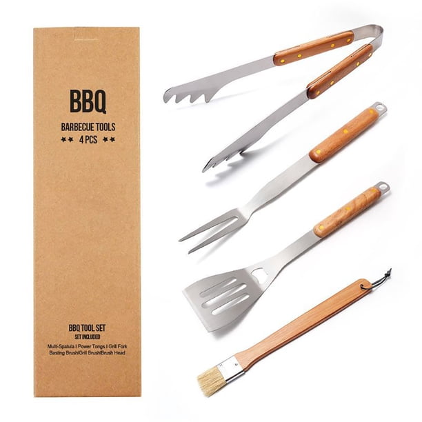 Juego De Herramientas Para Barbacoa, Accesorios Para Parrilla De Acero Inoxidable, Mango De Madera, Juego De Utensilios Para Asar A La Parrilla Para Acampar Al Aire Libre qarigey OD013971-00