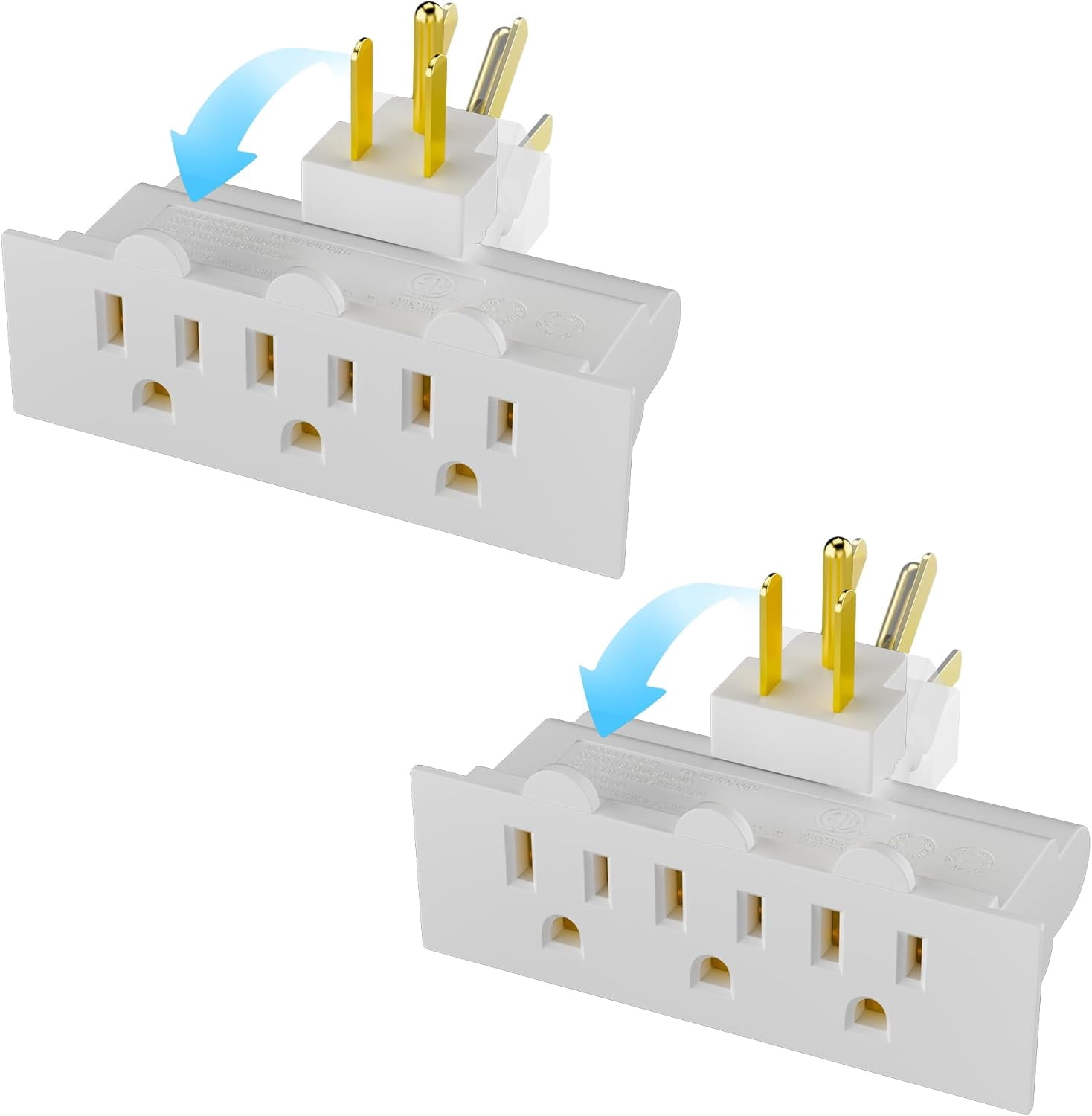 HRTGFD-3-Outlet Rotating Plug Wall Outlet Extender 2 Pack, 180 Degree Swivel Power Splitter, Multi Outlet Adatper Wall Tap, 3-Prong Grounded, Space Saving for Home, Travel, EL ETL, White