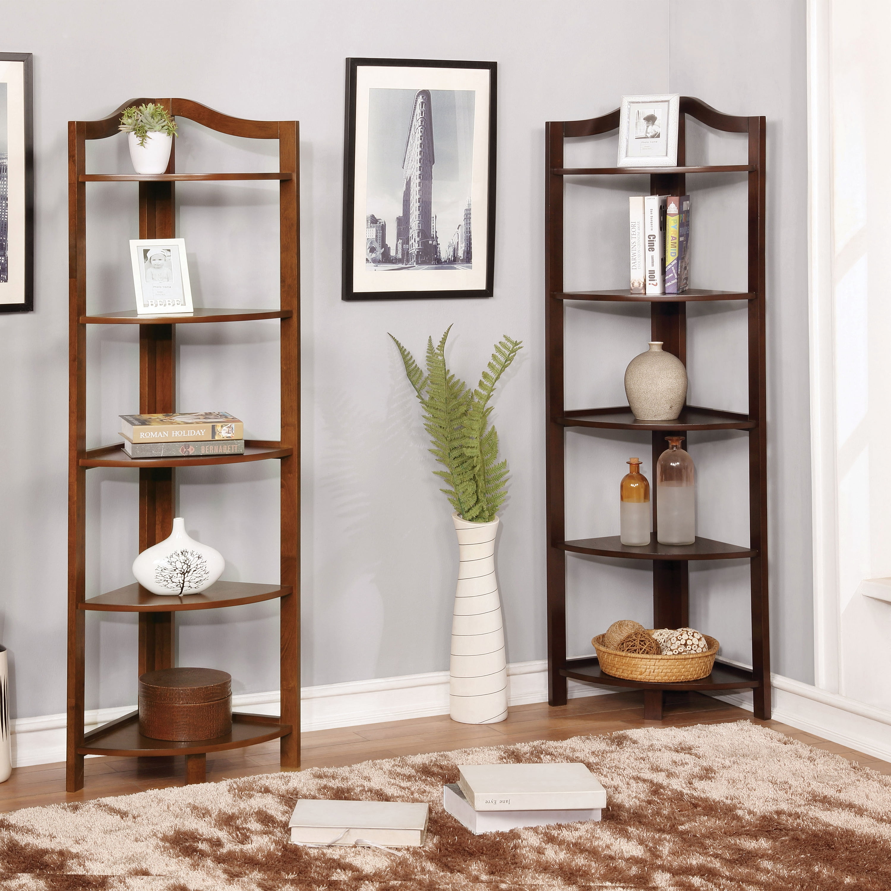 Furniture of America Emery Transitional 5-Shelf Corner Stand, Oak