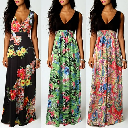 Senfloco Vintage Ladies Girls Summer Evening Party Bohemian V Neck Dress Sundress Comfortable Fitted and Flare Sleeveless Casual Floral Print Tank Long Maxi Dress Beach Dress 4-12 Plus Size