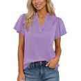 thumbnail image 2 of Women's Casual V-Neck T-Shirt with Ruffled Sleeves Loose Fit Four-Way Stretch Solid Color Top, 2 of 7