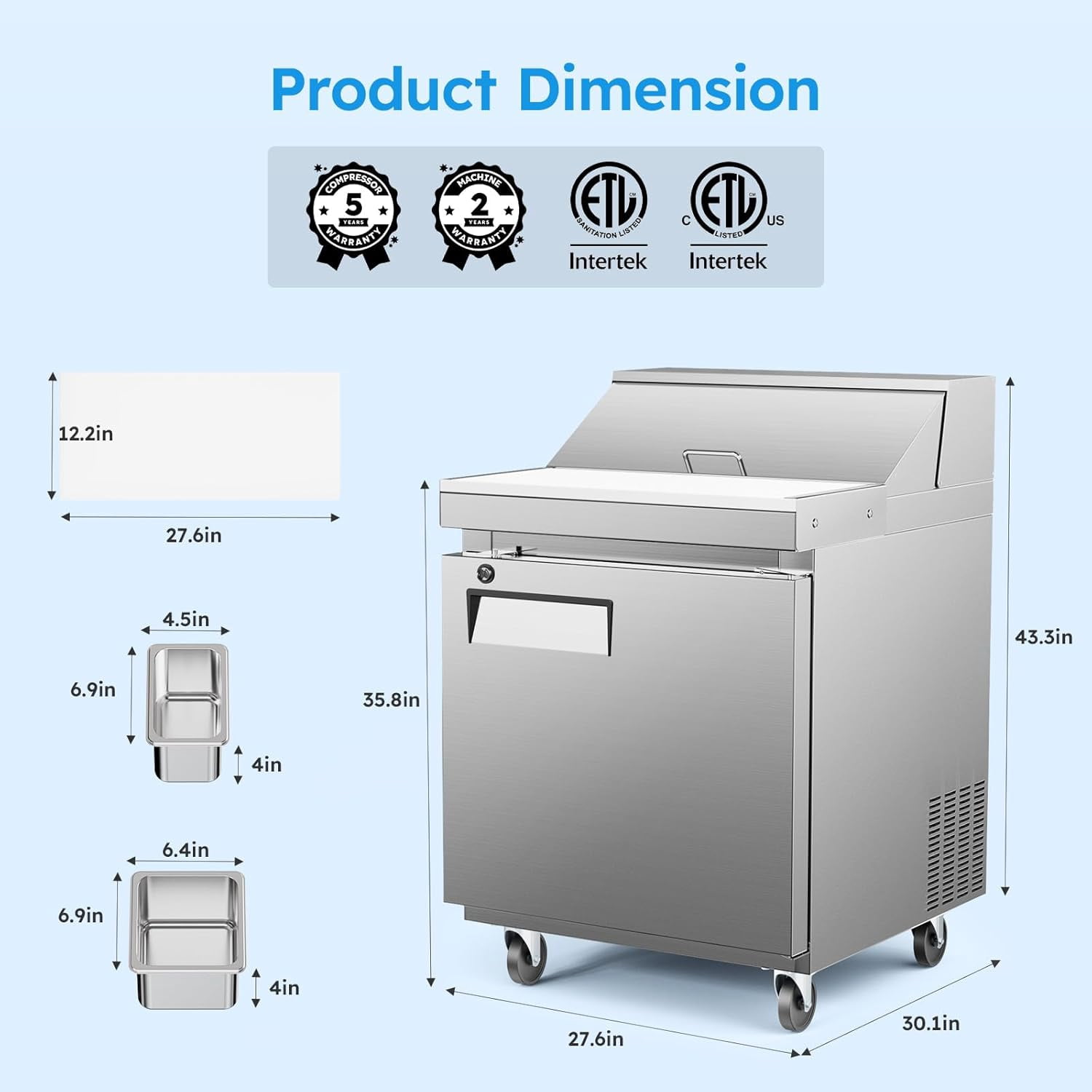 XUTUMM ETL & NSF Certified 27" Commercial Sandwich Prep Refrigerator - 11.6 Cu.Ft. Stainless Steel Salad/Pizza Prep Table with Cutting Board & 8 Pans