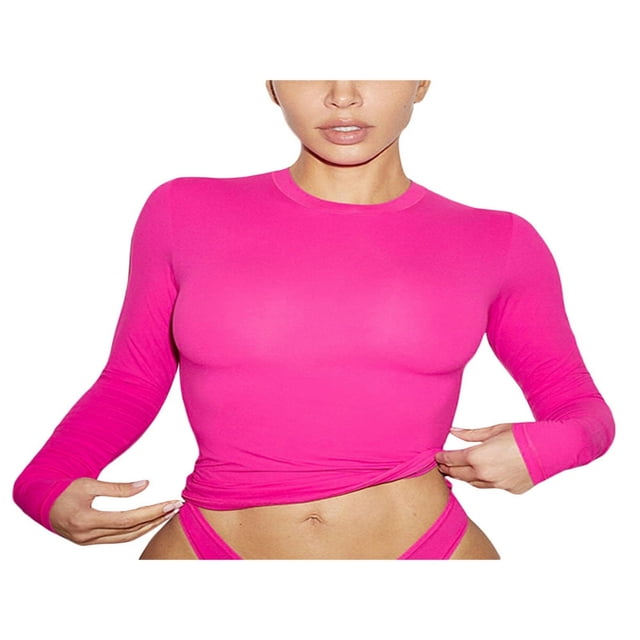 PENGXIANG Women‘s Y2K Slim Crop Tops Solid Color Long Sleeve Neck T-Shirts Basic Tee Yoga Workout Tops