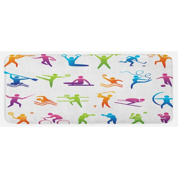 Sports Kitchen Mat, Sports with Stick Man Boxing Power Professional Players Wellbeing Theme, Plush Decorative Kitchen Mat with Non Slip Backing, 47" X 19", Multicolor, by Ambesonne