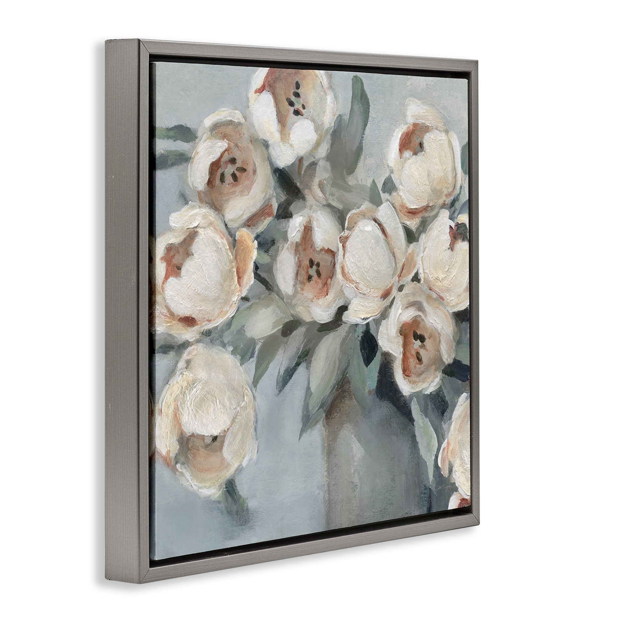 Stupell Industries Blooming Round Peonies Plants & Flowers Painting Gray Floater Framed Canvas Art Print Wall Art, 18 x 18