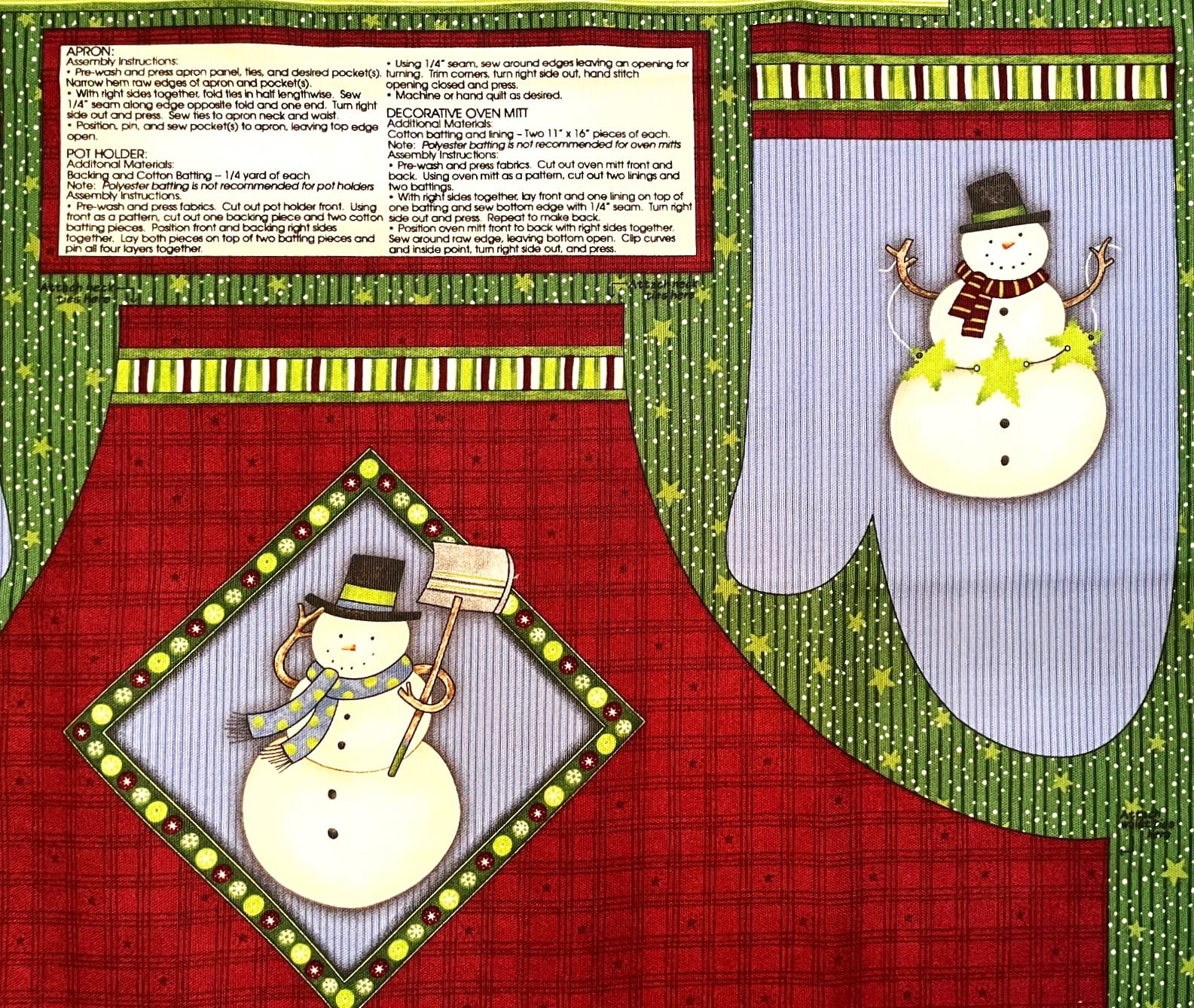 DIY Easy Cut and Sew Christmas Snowman Full Apron Pot Holders & Oven Mitt Cotton Duck Fabric Panel 29" X 54"