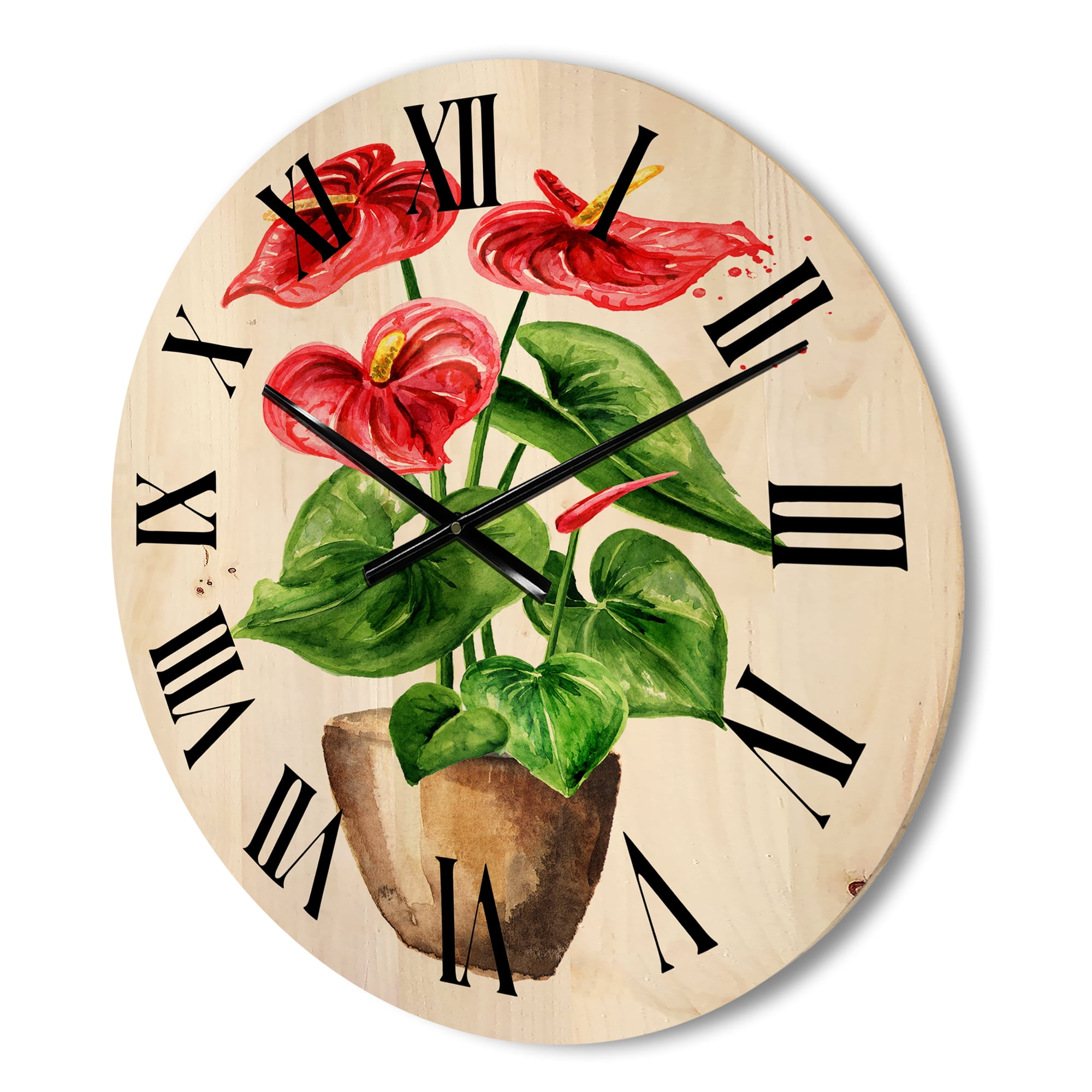 Designart 'Anthurium Tailflower In The Pot' Traditional Wood Wall Clock