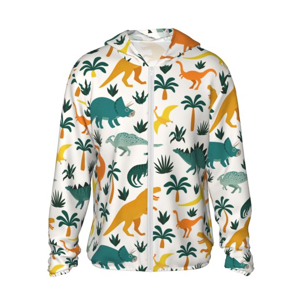 Fotbe Dinosaurs and Tropical Leaves Chaqueta con Protección Solar UPF 50+ para Hombre y Mujer, Camisa con Capucha y Bolsillos-Small