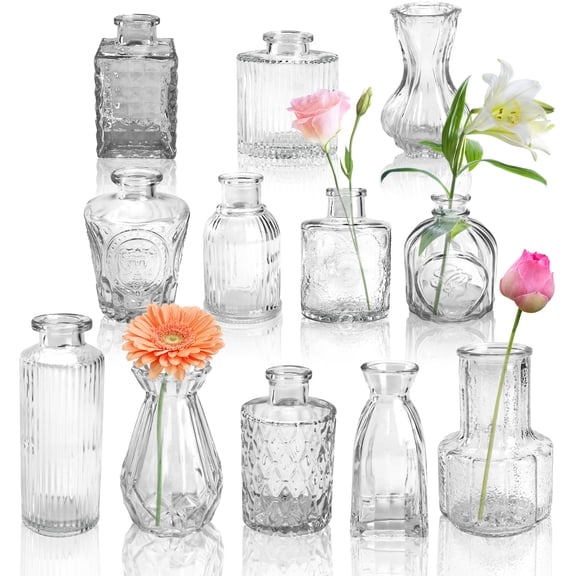 12 Pack Small Glass Bud Vase, Mini Vintage Vases for Flowers, Centerpieces, Rustic Wedding, Home Table Flower Decor