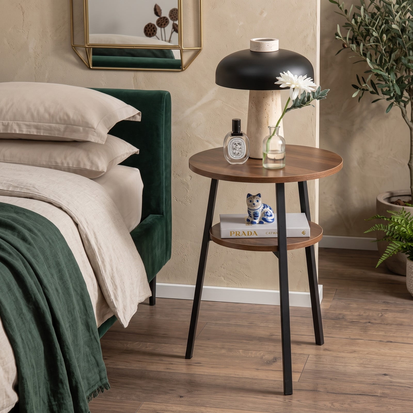 Furnibear 2-Tier Round End Table Set of 2, Nightstand Side Table with Open Storage Shelf and Triangular Metal Frame for Living Room Bedroom Hallway, Walnut
