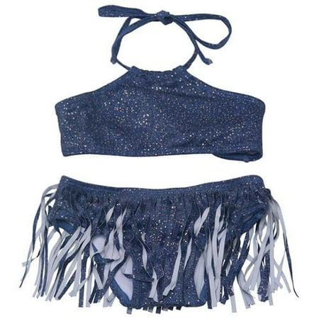 Pily Q Little Girls Navy Sparkle Denim High Neck Fringe Bikini Swimsuit 4